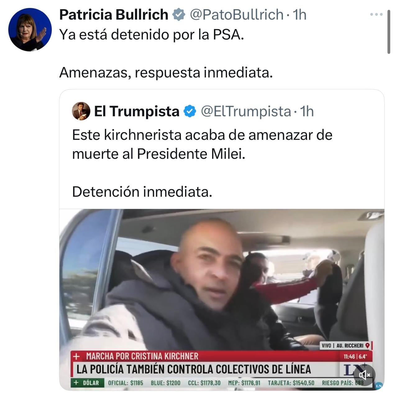 El mensaje de Bullrich por la detención del hombre que amenazó a Milei