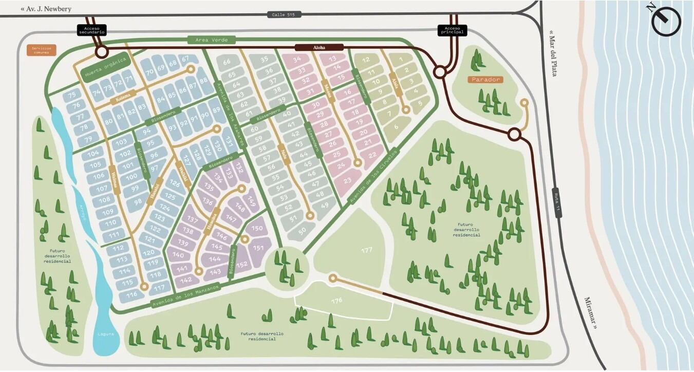 Mapa de la distribución de la primera etapa de 152 lotes que tendrá el nuevo emprendimiento