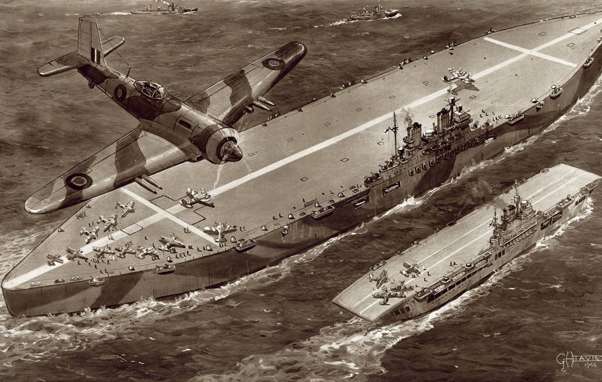 Una ilustración en la revista Illustrated London News da cuenta del tamaño que tendría el H.M.S. Habakkuk en comparación con otro portaaviones de la flota ingles como el que aparece en la imagen, el H.M.S. Indefatigable