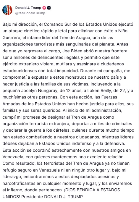 El posteo de Trump sobre el bombardeo