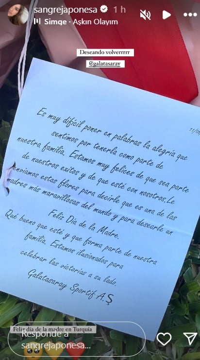 La China Suárez agradeció la carta que le envió el Galatasaray