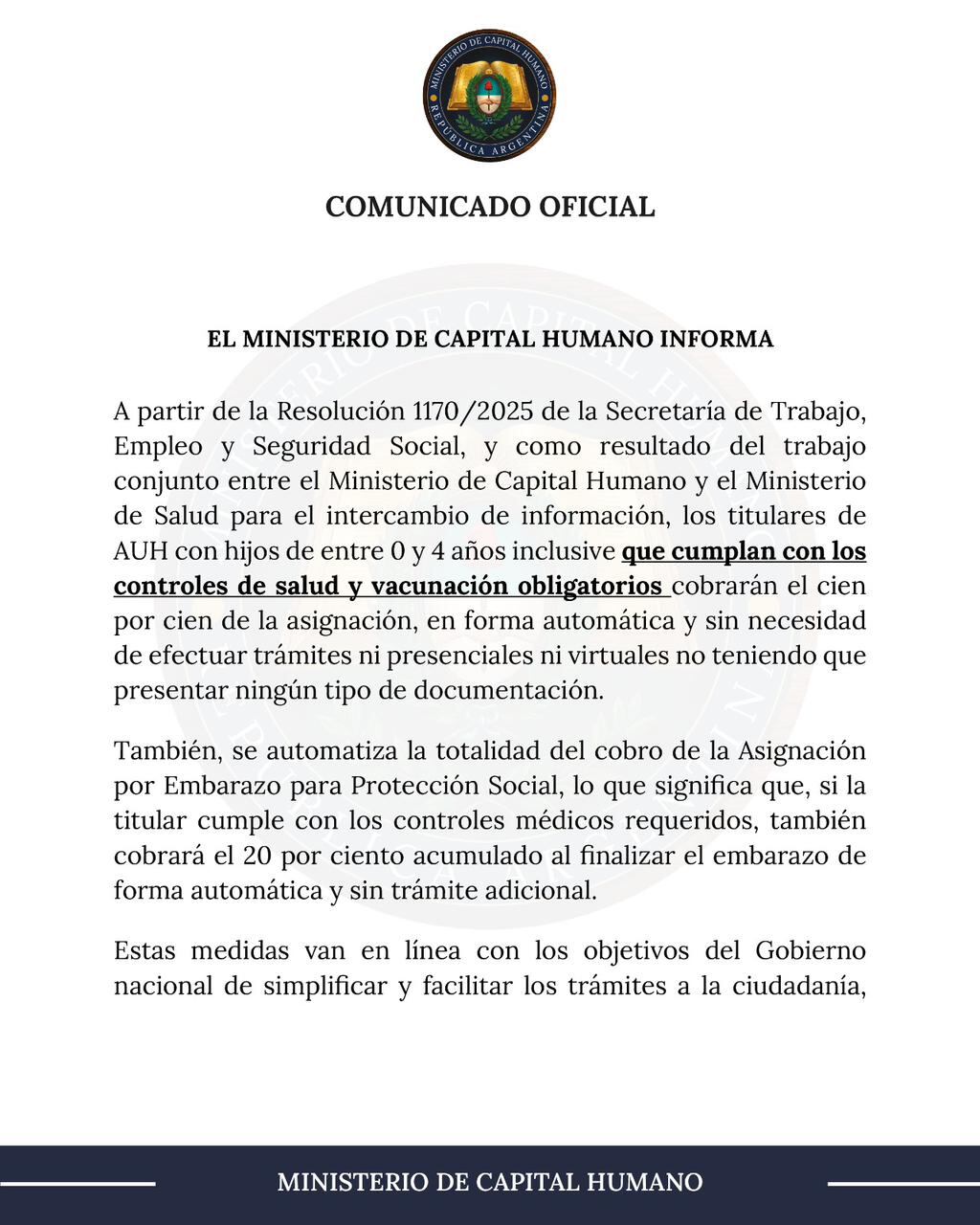 El comunicado del Ministerio de Capital Humano