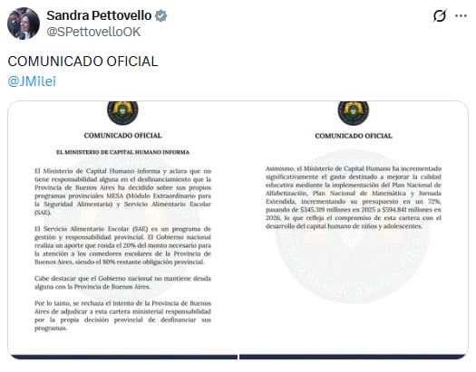 La ministra de Capital Humano publicó el comunicado oficial de su cartera