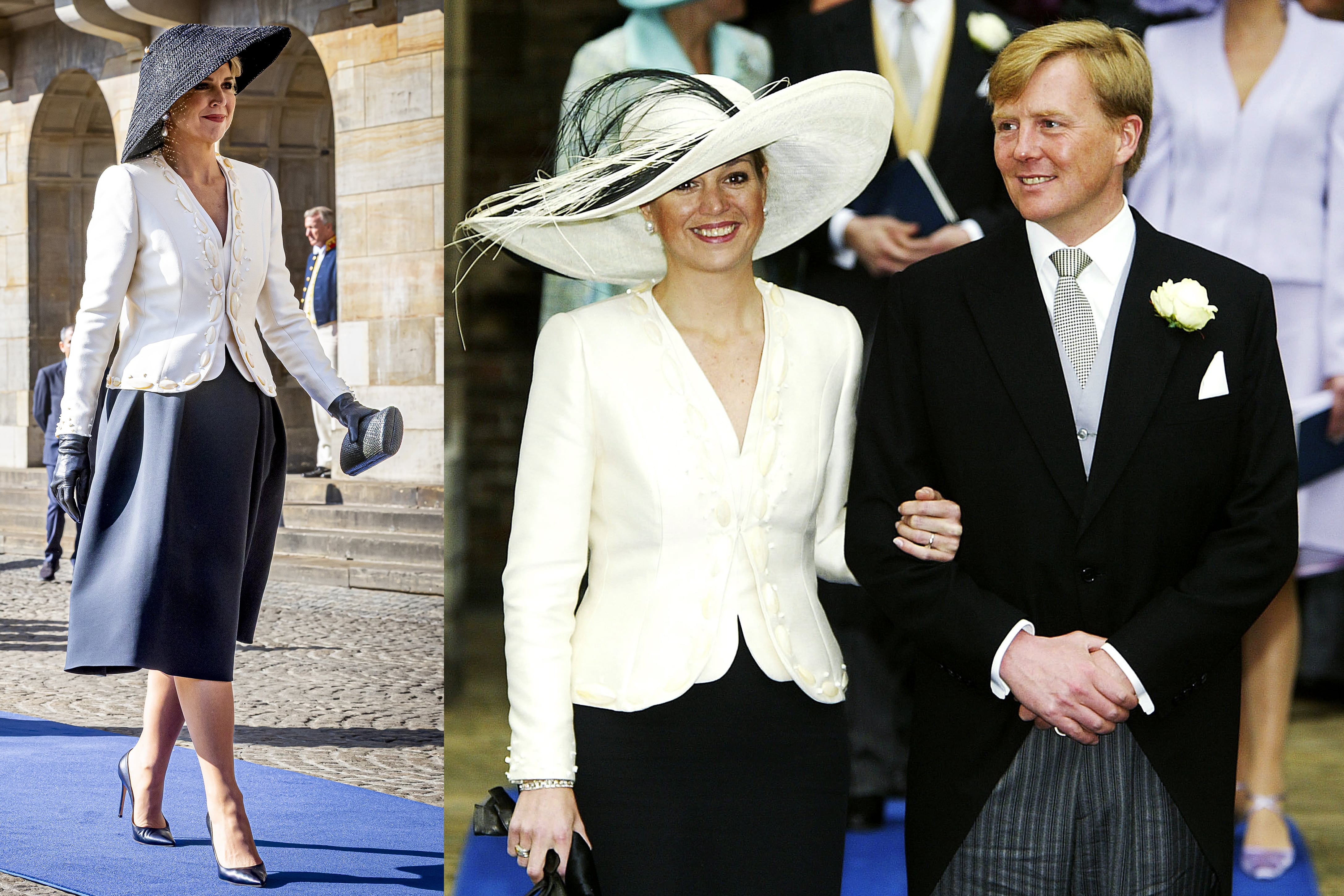 Para la recepción oficial al sultán de Omán en abril pasado, Máxima apostó por una elegante estética New Look que acompañó con pamela XL y la misma chaqueta entallada que en 2004 usó en la boda del príncipe Friso de los Países Bajos.
