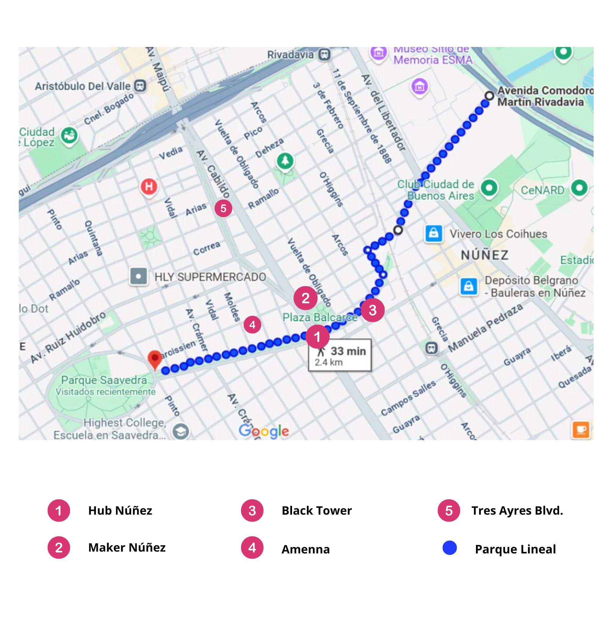 El mapa muestra el recorrido que hace el Arroyo Medrano, en los tramos en los que está entubado debajo de la tierra, desde Parque Saavedra hasta desembocar en el Río de La Plata; por encima de él, se levantó el Parque Lineal. También enumera los proyectos inmobiliarios que se levantan o levantarán en la microzona