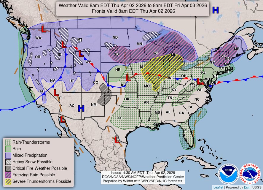 El sistema extenderá ráfagas de viento dañinas y caída de granizo hacia Michigan y el valle del Mississippi