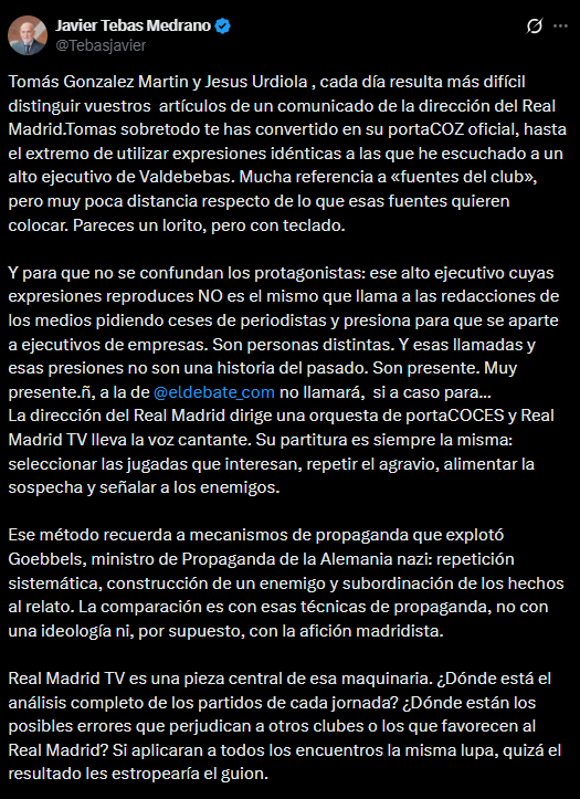 Parte del posteo de Javier Tebas en X
