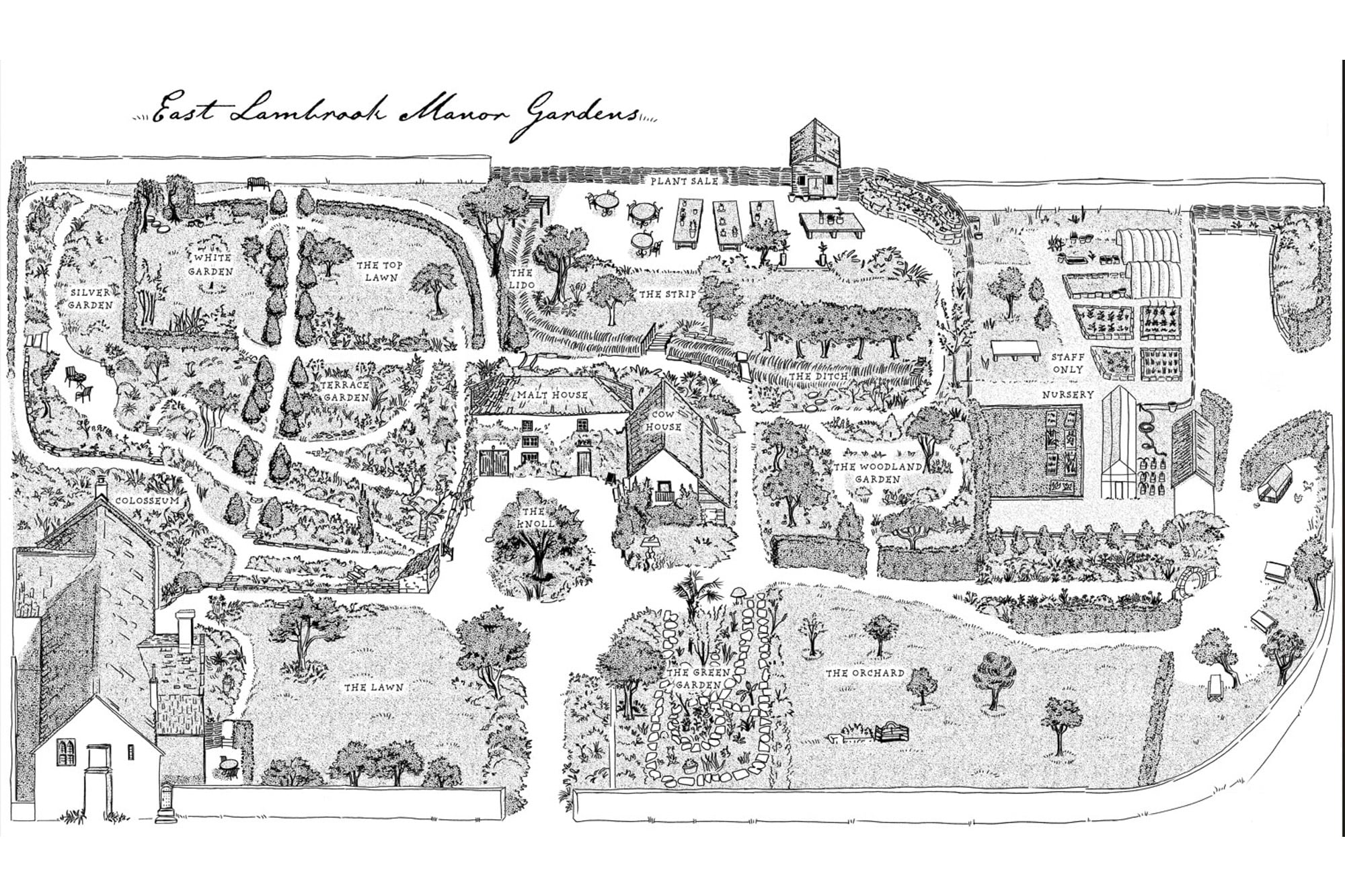 Ilustración actualizada con el diseño de cada sector de los jardines y la casa