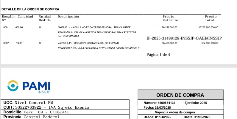 Una de las adjudicaciones del PAMI sobre válvulas pulmonares autoexpandibles que se comparó con las compras de Andis