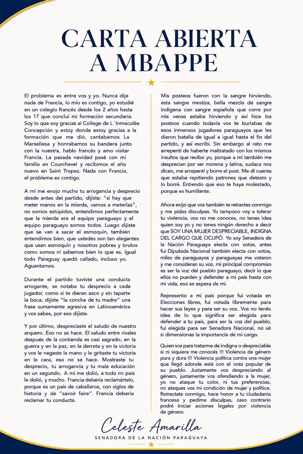 Carta abierta de la senadora paraguaya Celeste Amarilla. Fuente: X