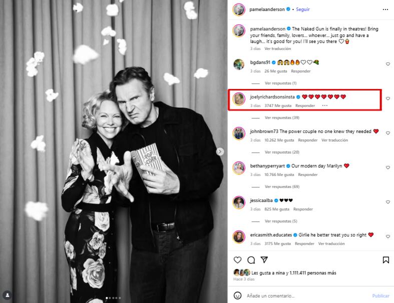 La hermana de Natasha Richardson comentó el posteo de Pamela Anderson con emojis de corazones rojos (Foto: Instagram q