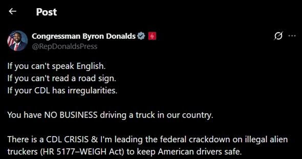 Byron Donalds retoma en su agenda la propuesta de ley que busca modificar las condiciones de la licencia CDL