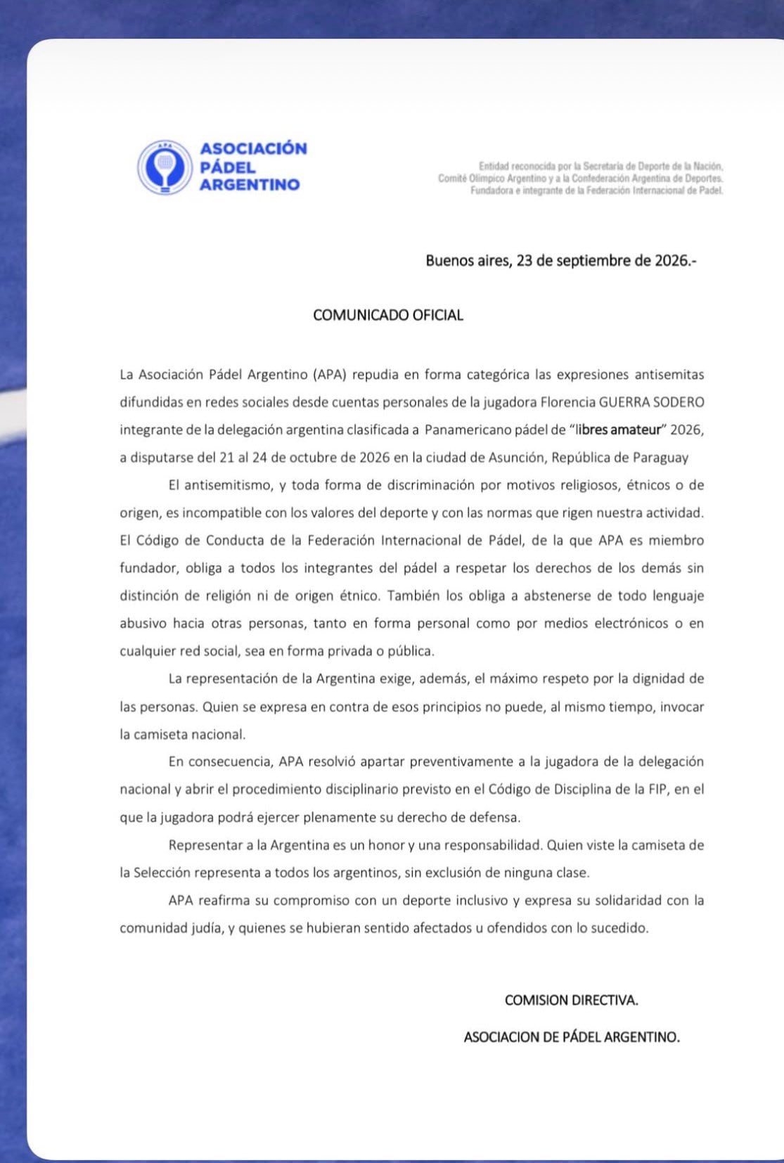 La Asociación de Pádel Argentino apartó de la delegación nacional a Florencia Guerra Sodero por comentarios antisemitas.