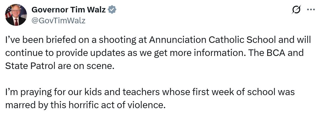 Tim Walz, gobernador de Minnesota, lamentó el tiroteo y expresó su solidaridad con la comunidad educativa (Fuente: X @GovTimWalz)