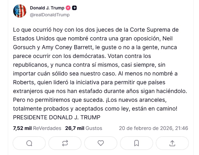 Tras su desbordada conferencia de prensa, el presidente Donald Trump publicó extensos mensajes en su red Truth Social, el 20 de febrero de 2026