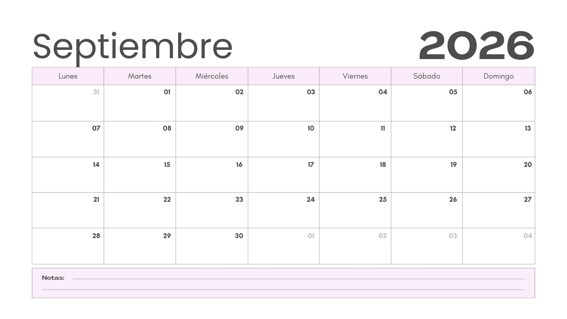Calendario de septiembre 2026