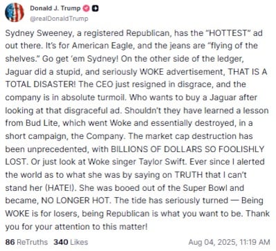 El posteo de Trump sobre Sydney Sweeney