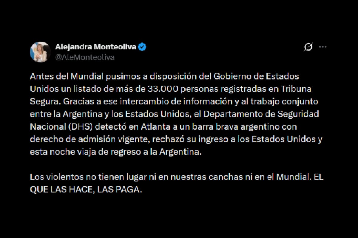 La ministra de Seguridad, Alejandra Monteoliva, informó sobre la detención de un barra brava argentino en Atlanta