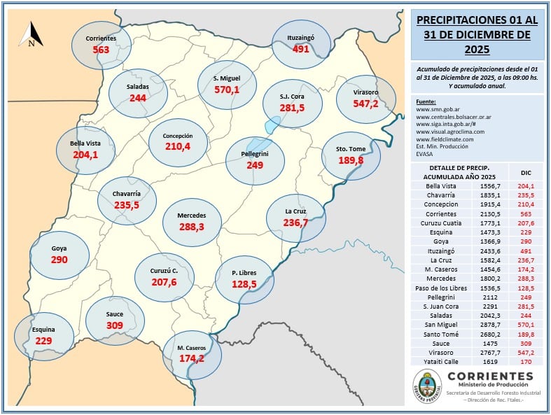 Hubo registros en algunas localidades que superaron los 2800 mm anuales, según el último informe del Ministerio de Producción de Corrientes