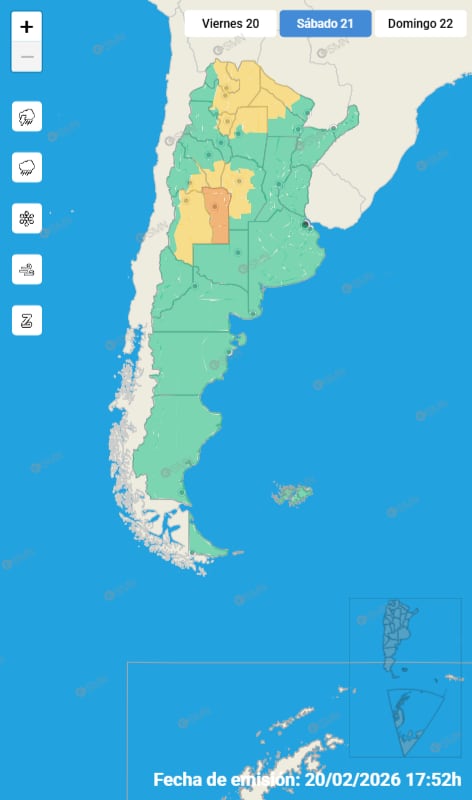 Mapa de alertas para este sábado 21 de febrero