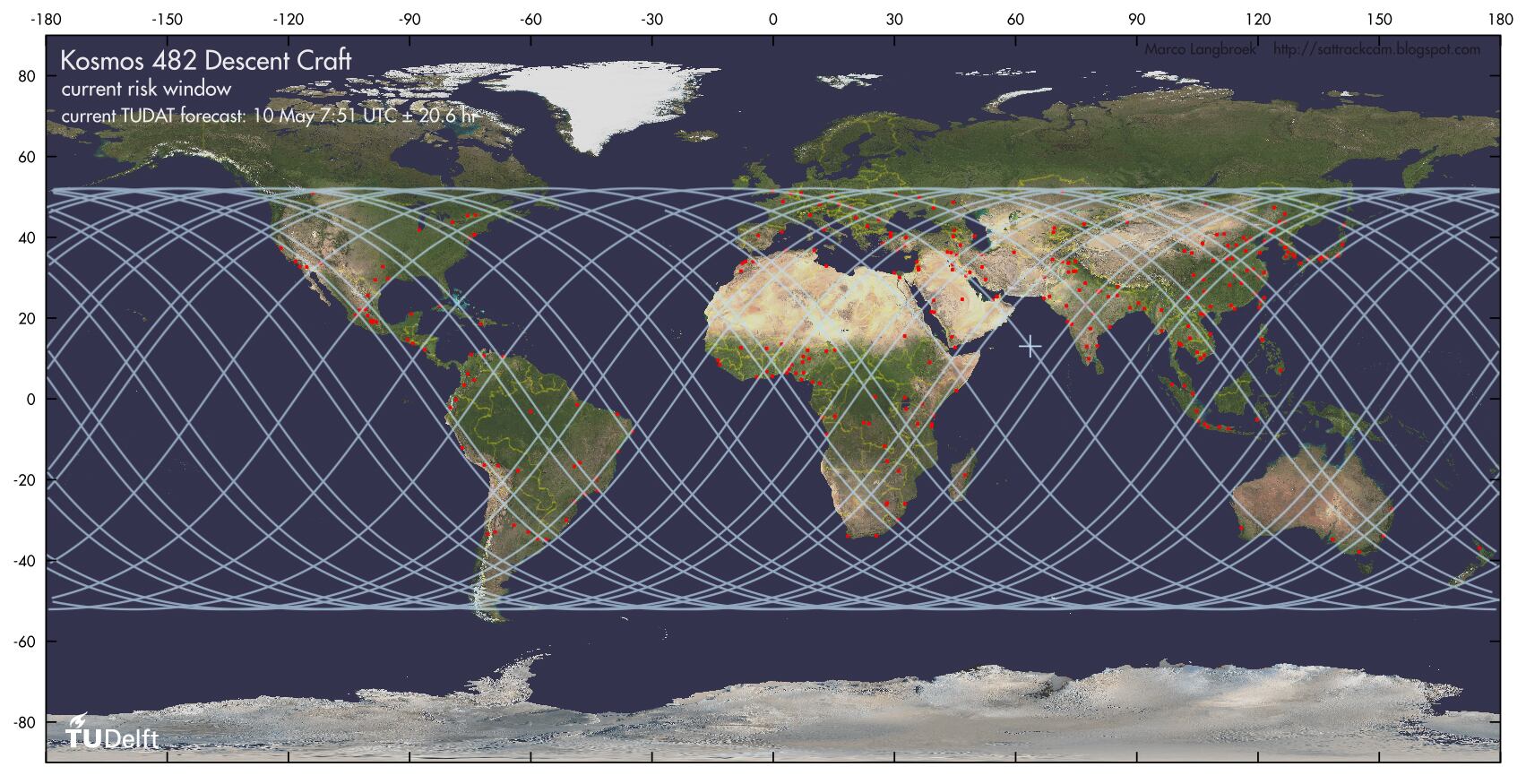 Aunque aún no es posible determinar con precisión el lugar de impacto, se prevé que este ocurra dentro de una franja que va desde los 52° de latitud norte hasta los 52° sur