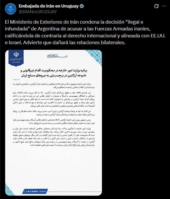 El comunicado del Ministerio de Relaciones Exteriores iraní a través de su embajada en Uruguay