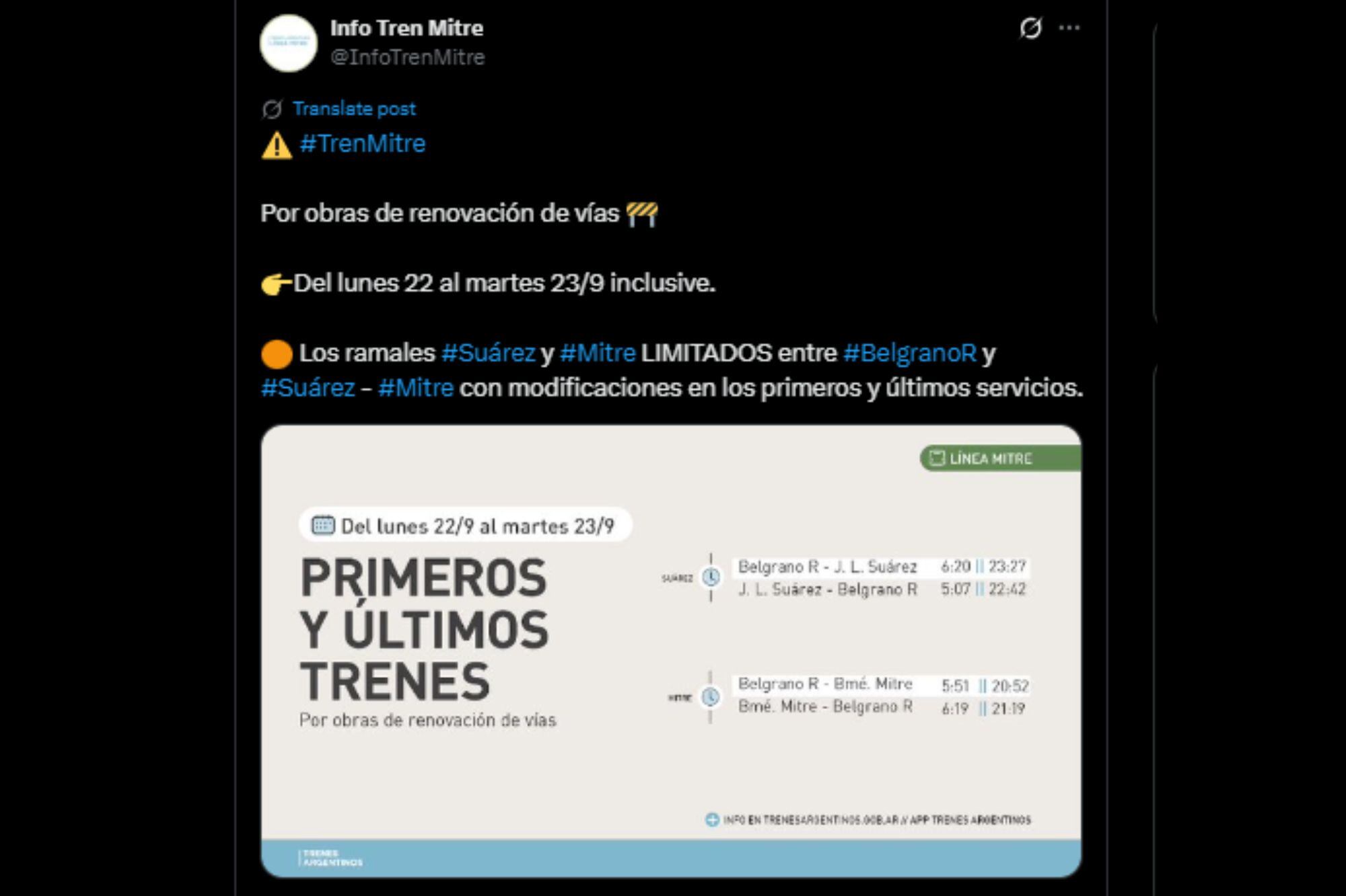 El comunicado sobre los nuevos horarios del lunes