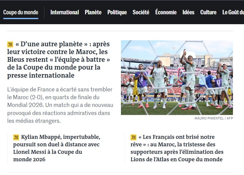 El diario Le Mond de Francia tras la victoria de los galos por 2 a 0 ante Marruecos.