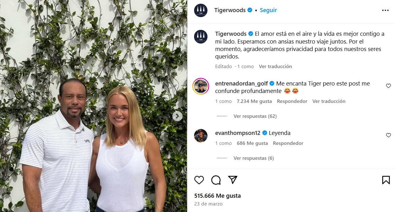 La publicación de Tiger Woods confirmando su romance