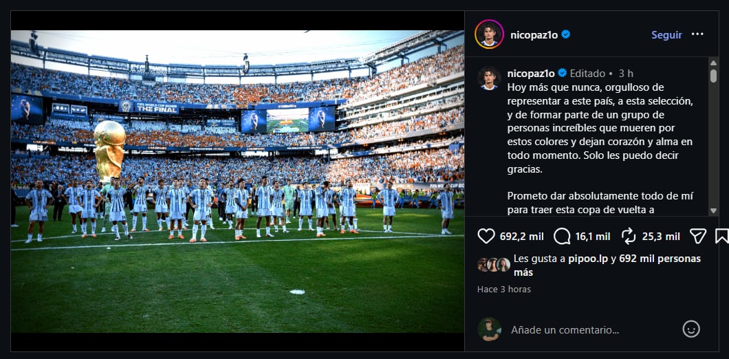El posteo de Nico Paz sobre el futuro con la selección