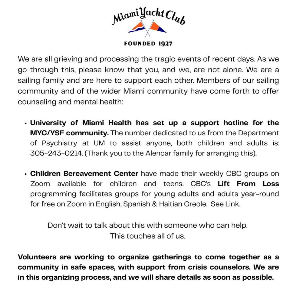 Un comunicado del Miami Yacht Club en Instagram.