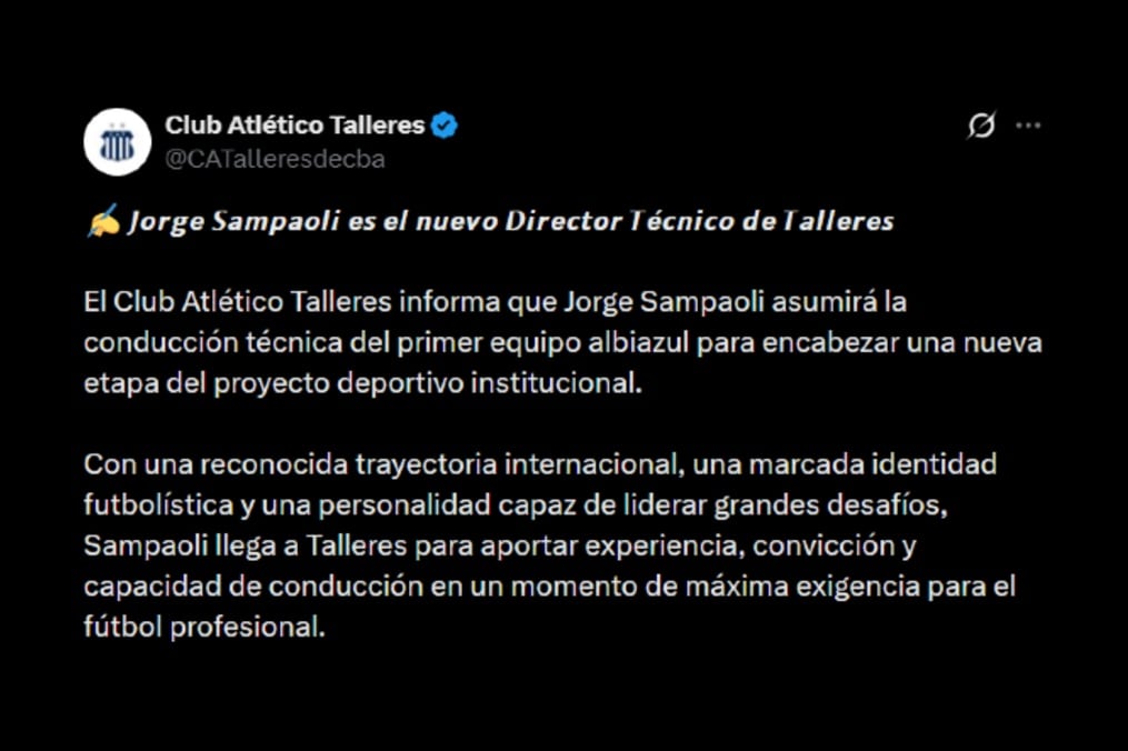 El posteo de Talleres de Córdoba sobre la incorporación de Jorge Sampaoli como nuevo entrenador del club