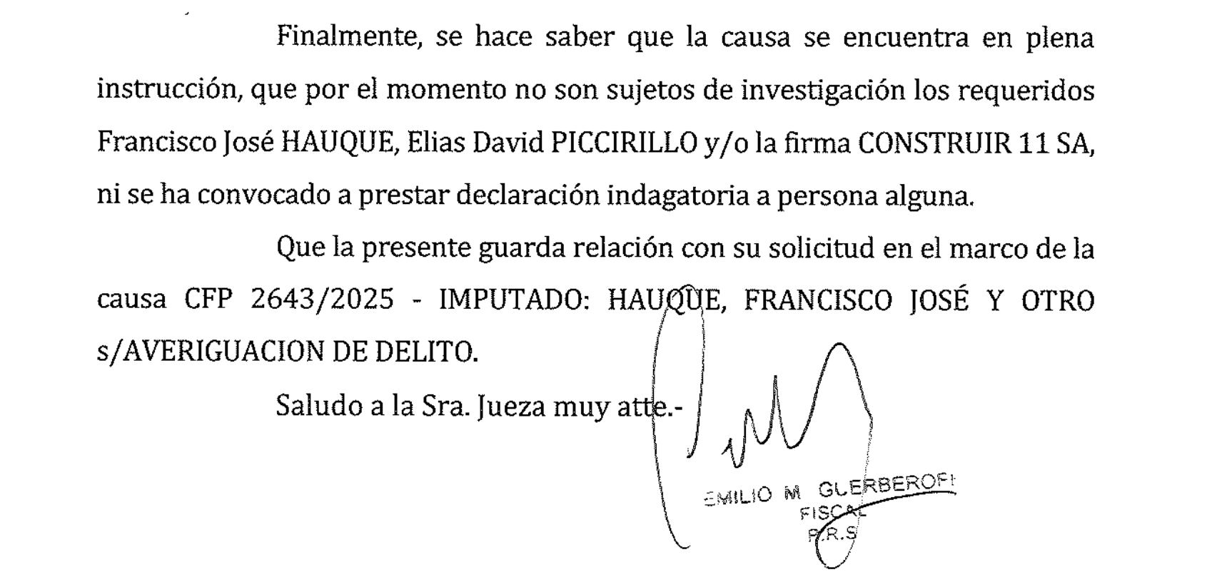 La respuesta del fiscal a la jueza Capuchetti el 8 de octubre pasado.