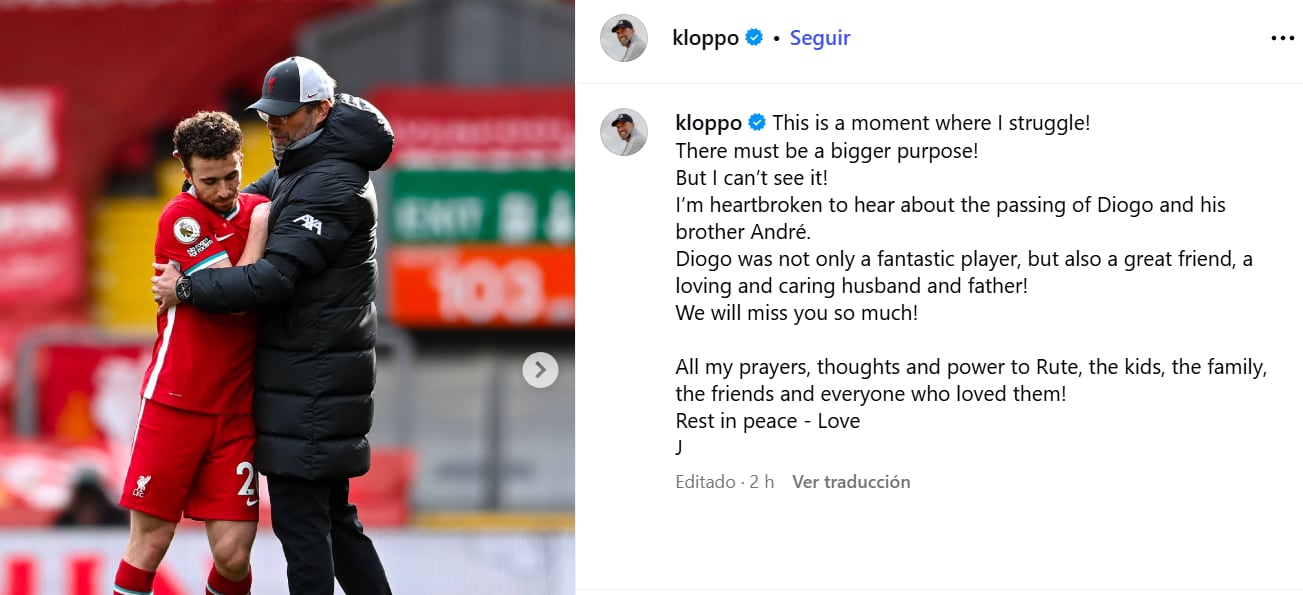 El estremecedor mensaje de Klopp tras enterarse de la muerte de Diogo Jota
