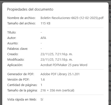 La imagen que presenta los últimos cambios realizados en el Boletín de Resoluciones 6625, con fecha original del 12 de febrero, y aparentemente modificado el domingo 23 por la noche