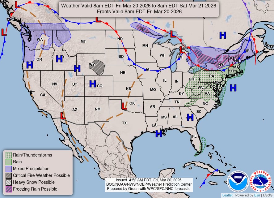 Mientras el sur experimenta calor veraniego, el borde norte de la dorsal atmosférica facilitará episodios de mezcla invernal y lluvias engelantes durante la mañana del viernes