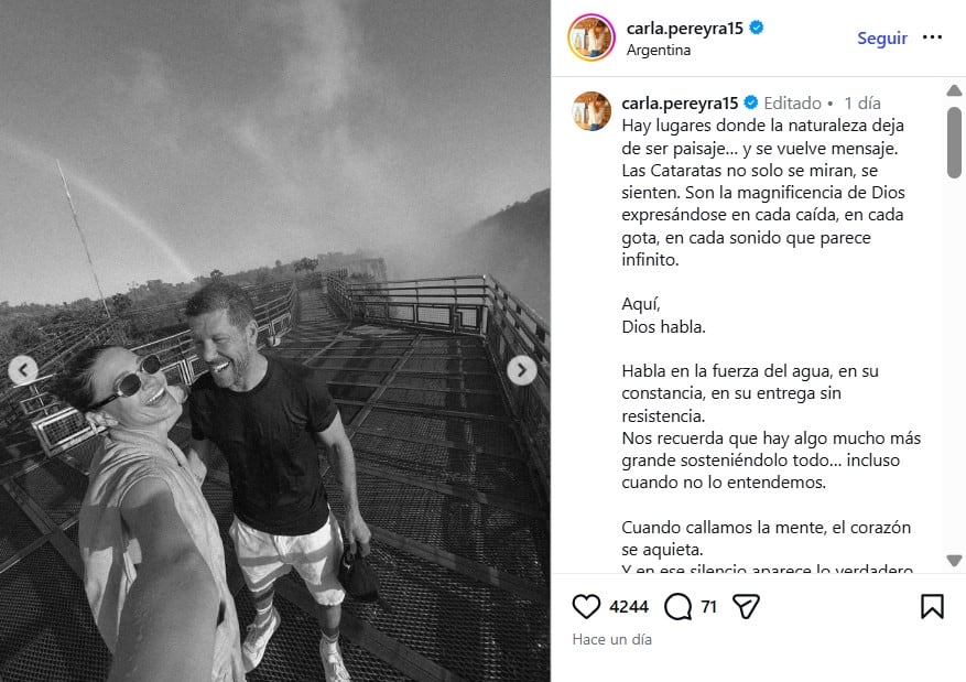 La reflexión de Carla Pereyra tras su visita a las Cataratas