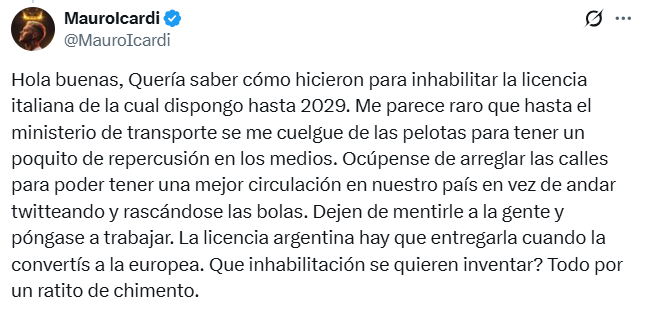 Mauro Icardi respondió a la publicación del Ministerio de Transporte que señalaba que su licencia de conducir había sido inhabilitada