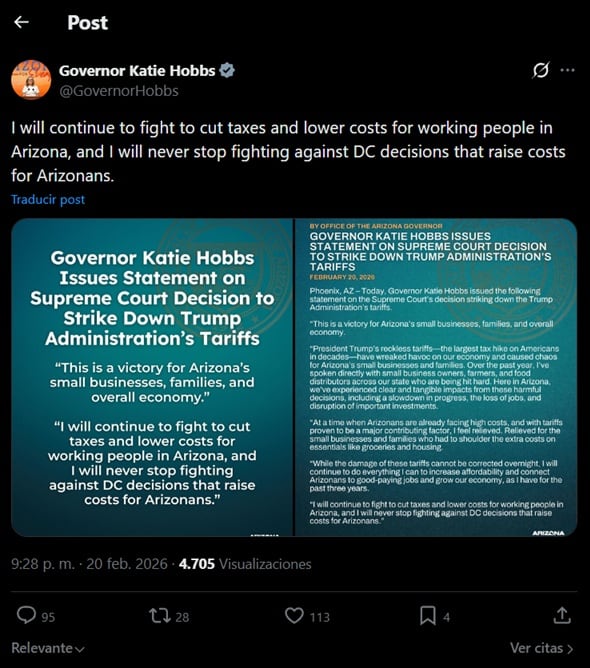 La gobernadora emitió un comunicado sobre los impuestos en Arizona tras la decisión de la Corte Suprema