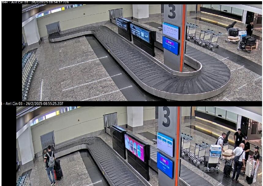 En el extremo inferior derecho de la imagen se ve a la pasajera y los tripulantes del vuelo proveniente de Miami con sus valijas, que acaban de recibir