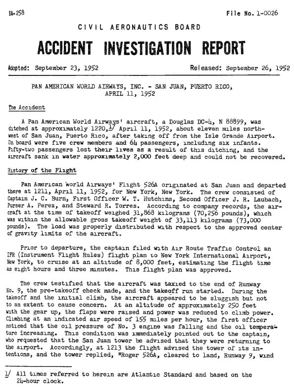 El reporte del accidente, de septiembre de 1952, en donde se estableció la obligatoriedad de que se explique dónde están y cómo usar los chalecos salvavidas