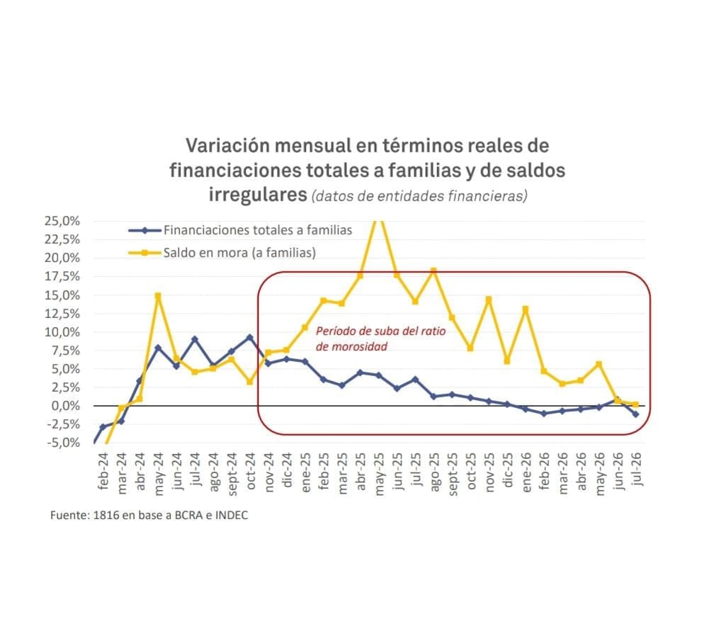 La mora volvió a subir en julio porque cayó el financiamiento total a las familias en términos reales, mientras que el saldo irregular prácticamente no varió.