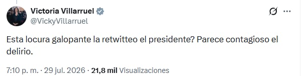 La vicepresidenta se mostró sorprendida por el hecho de que Milei haya compartido la publicación de Lemoine