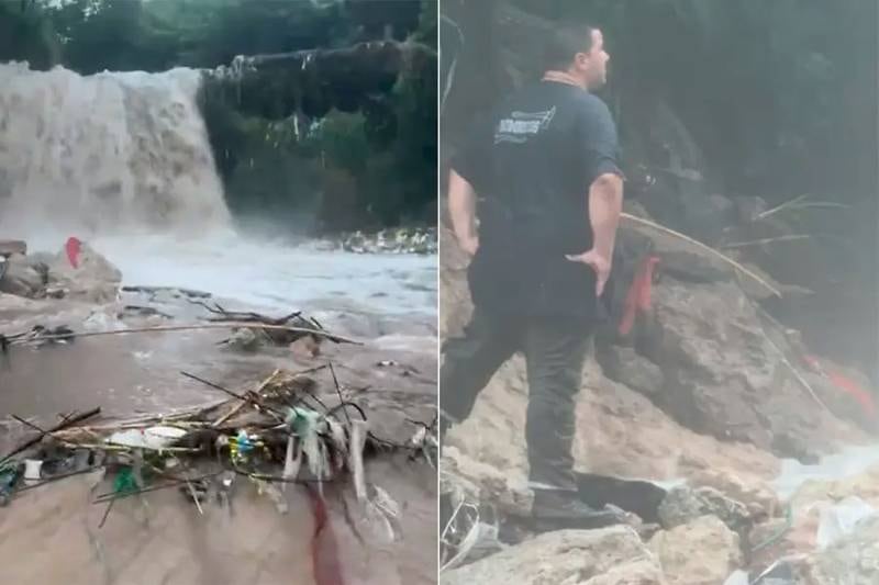 Bomberos, policía y voluntarios recorren el arroyo, la fuerza del agua dificultó el acceso a la zona afectada.