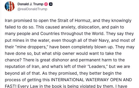 Trump anunció que bloqueará la circulación de buques en el estrecho de Ormuz 6 El posteo de Trump en Truth