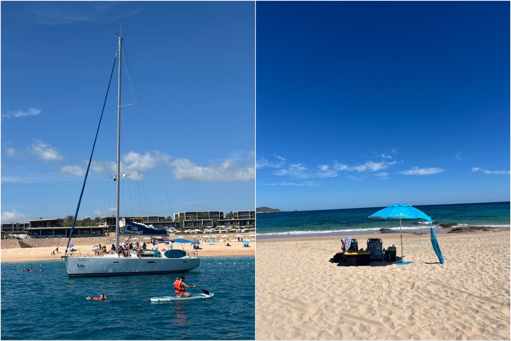 A la izquierda, la playa Santa María, vista desde el agua; a la derecha, la playa de Cabo Pulmo desde la orilla