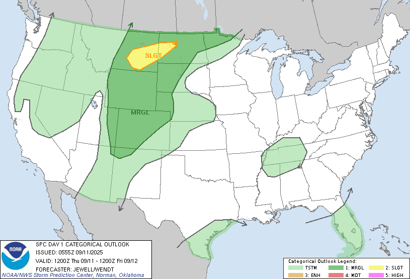 Se formará un corredor de tormentas severas desde el este de Montana hasta el oeste de Dakota del Norte, las cuales podrán estar acompañadas de granizo de tamaño considerable