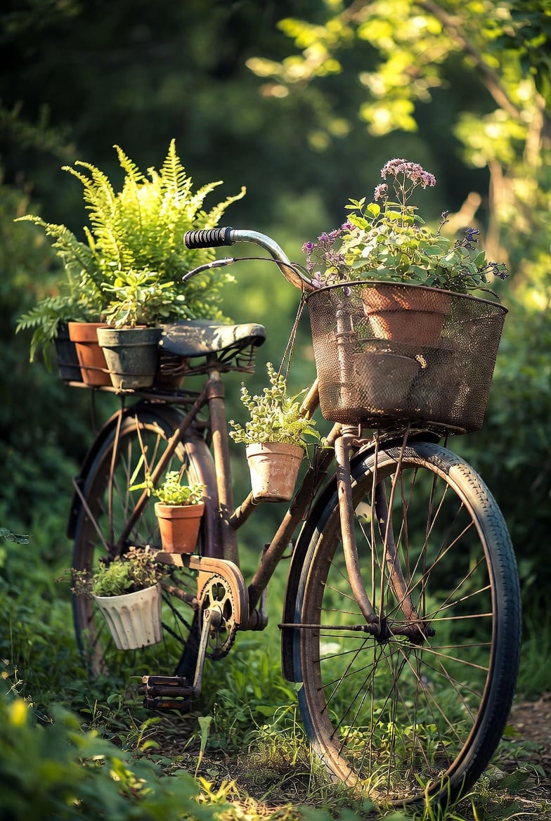 Las bicicletas viejas sirven para colgar macetas con plantas (Foto: Grok)