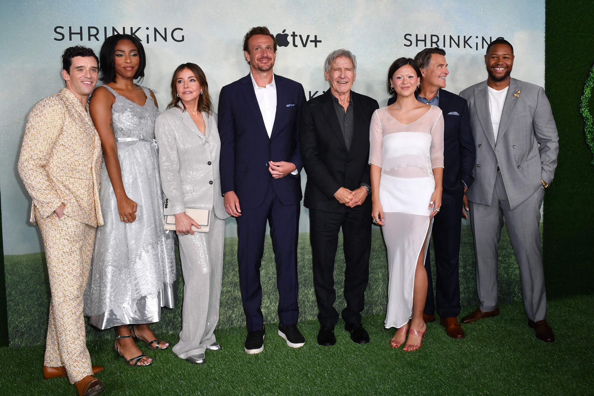 Los actores Michael Urie, Jessica Williams, Christa Miller, Jason Segel, Harrison Ford, Lukita Maxwell, Ted McGinley y Luke Tennie, protagonistas de la serie Shrinking