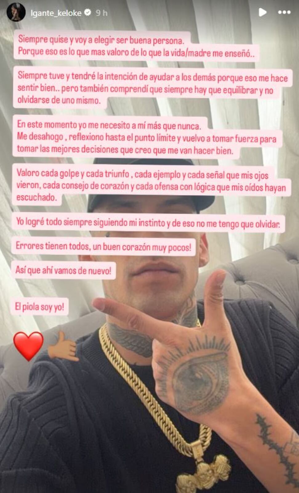 La sentida reflexión que hizo L-Gante en sus redes sociales (Foto: Instagram @lgante_keloke)